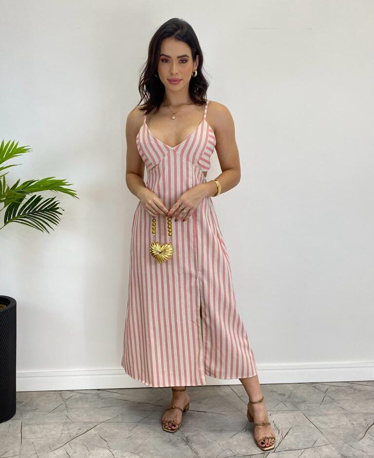 Vestido Midi Tricoline com Bojo e Fenda Listrado de Rosa - Fernanda Ramos Store
