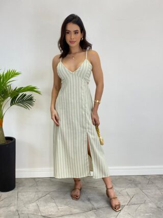 Vestido Midi Tricoline com Bojo e Fenda Listrado de Verde - Fernanda Ramos Store