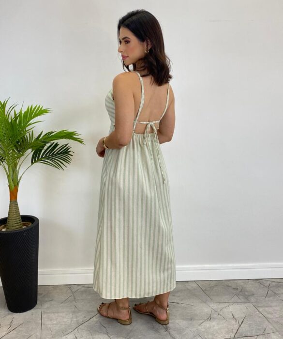 Vestido Midi Tricoline com Bojo e Fenda Listrado de Verde - Fernanda Ramos Store