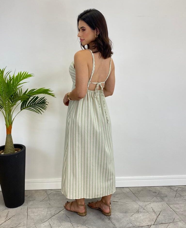 Vestido Midi Tricoline com Bojo e Fenda Listrado de Verde - Fernanda Ramos Store