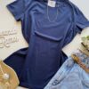 Blusa Feminina Manga Curta Baby Look Malwee Azul Marinho - Fernanda Ramos Store