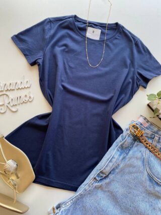 Blusa Feminina Manga Curta Baby Look Malwee Azul Marinho - Fernanda Ramos Store