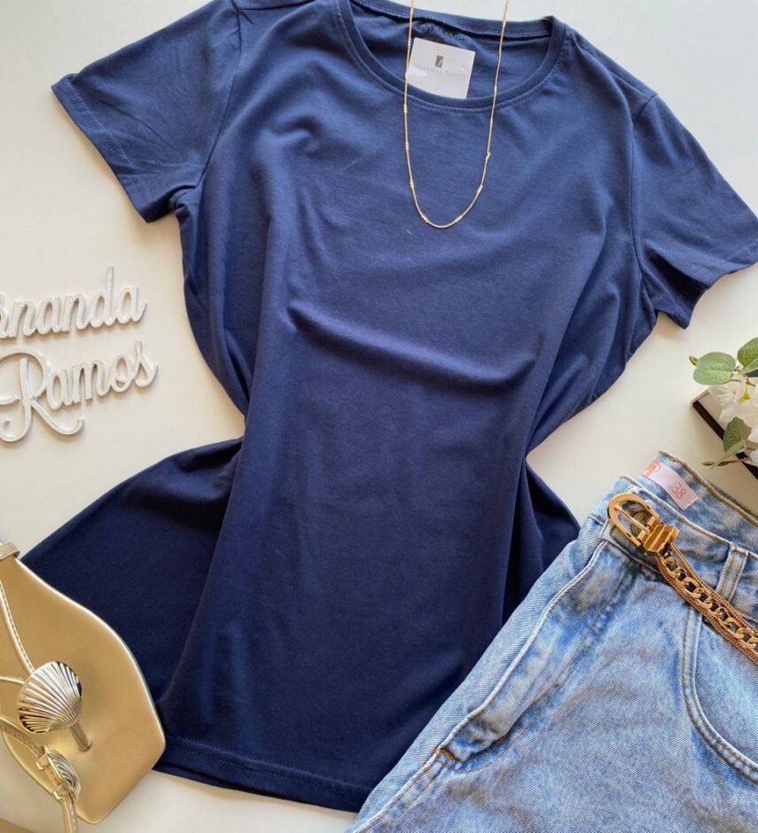 Blusa Feminina Manga Curta Baby Look Malwee Azul Marinho - Fernanda Ramos Store