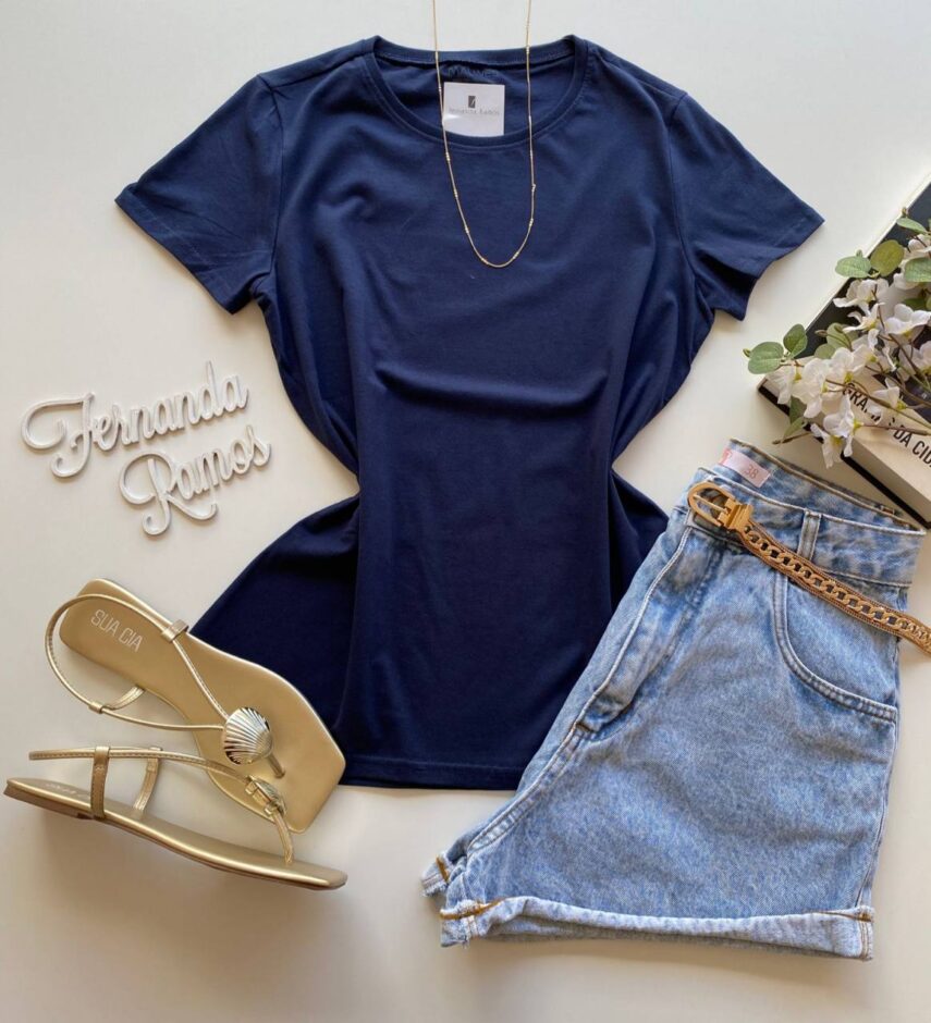 Blusa Feminina Manga Curta Baby Look Malwee Azul Marinho - Fernanda Ramos Store