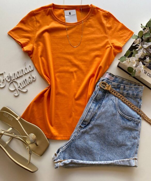 Blusa Feminina Manga Curta Baby Look Malwee Laranja - Fernanda Ramos Store