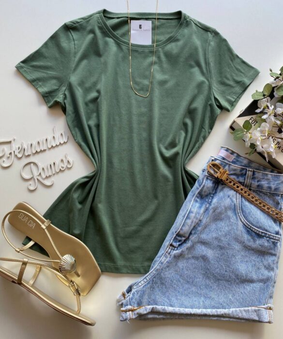 Blusa Feminina Manga Curta Baby Look Malwee Verde Militar - Fernanda Ramos Store