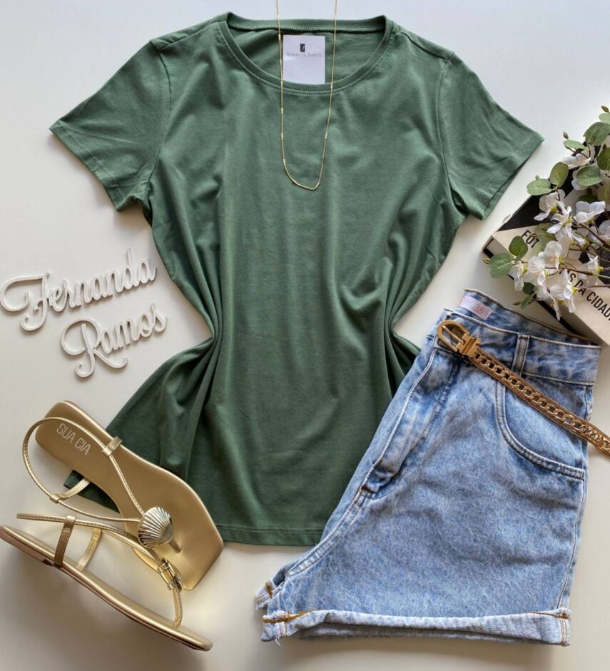 Blusa Feminina Manga Curta Baby Look Malwee Verde Militar - Fernanda Ramos Store
