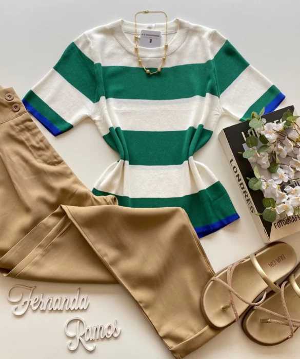 Blusa Feminina Manga Curta Modal Listrada de Verde - Fernanda Ramos Store