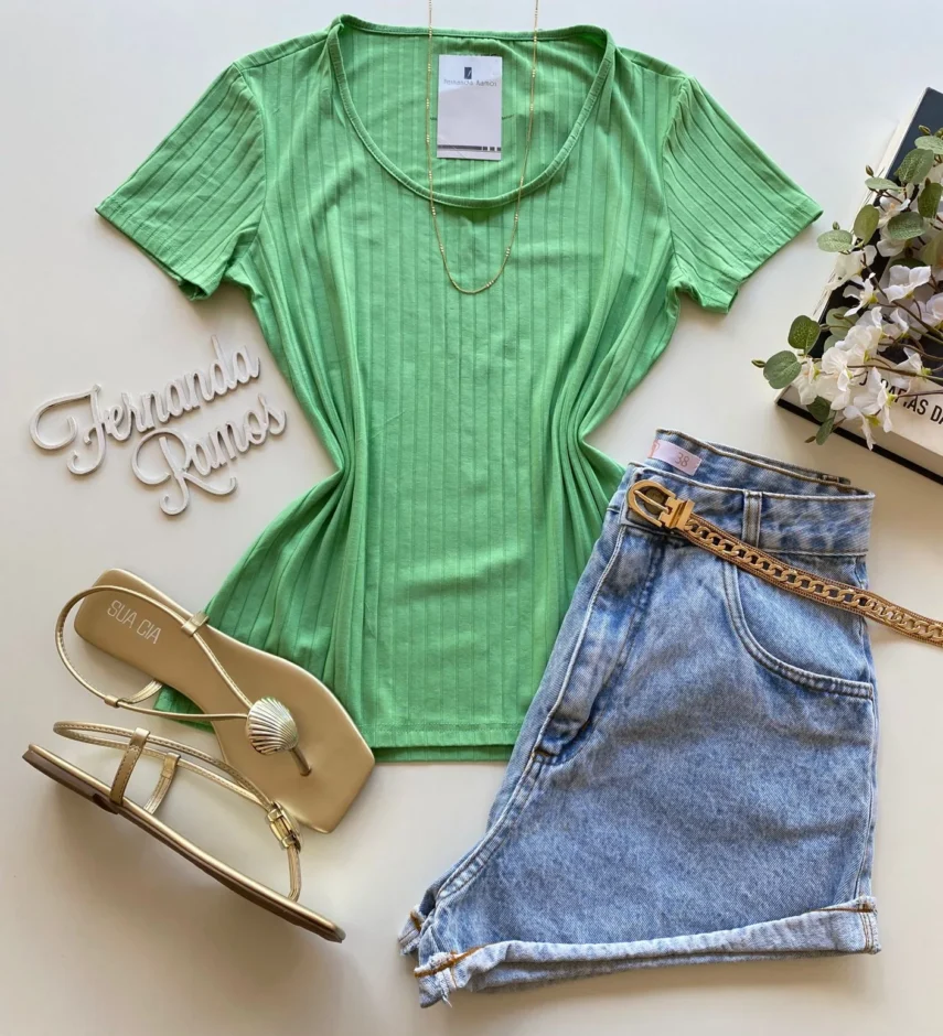 Blusa Manga Curta Feminina Canelada Malwee Verde - Fernanda Ramos Store