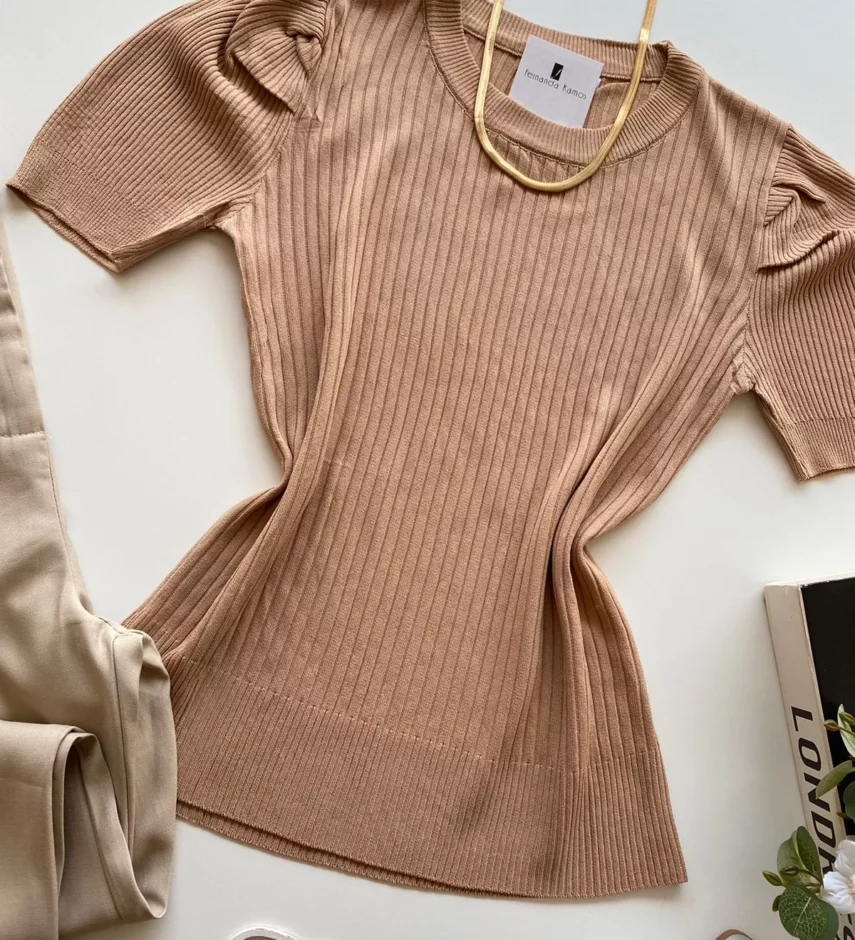 Blusa Manga Curta Feminina Sophia Modal Bege - Fernanda Ramos Store