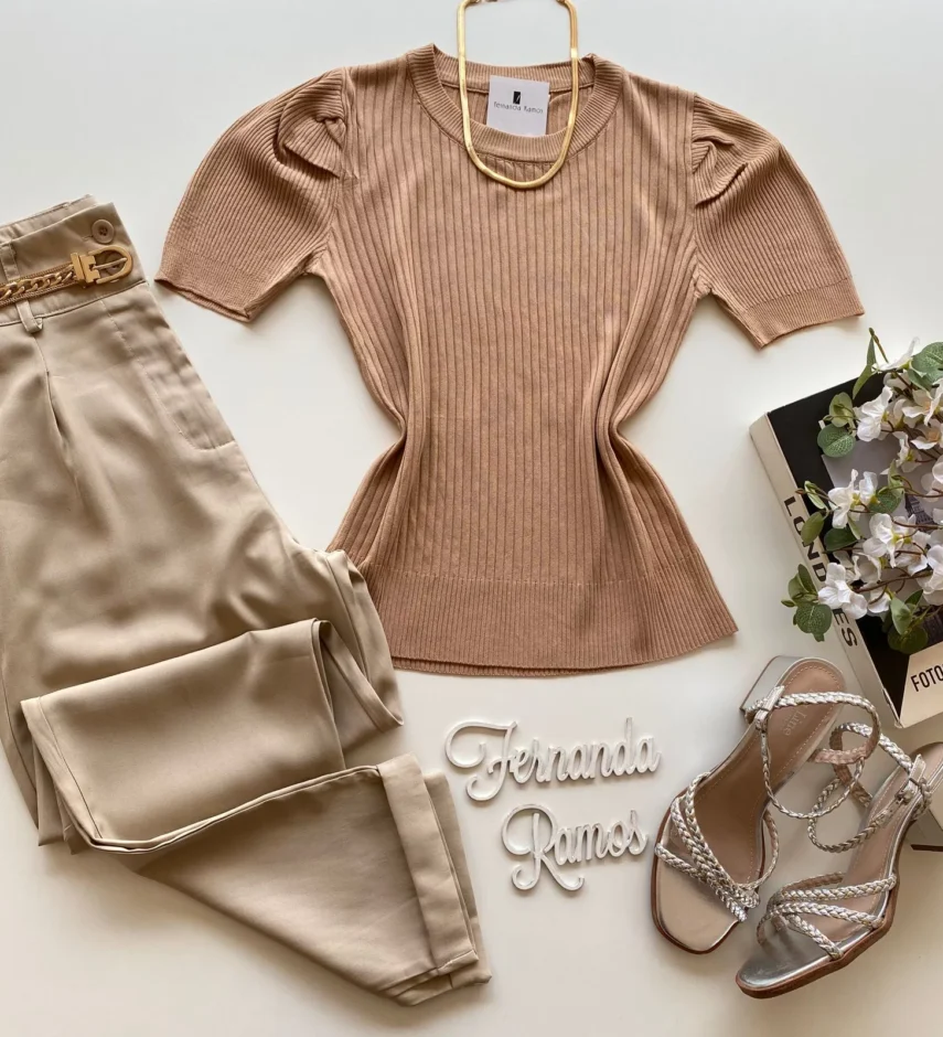Blusa Manga Curta Feminina Sophia Modal Bege - Fernanda Ramos Store