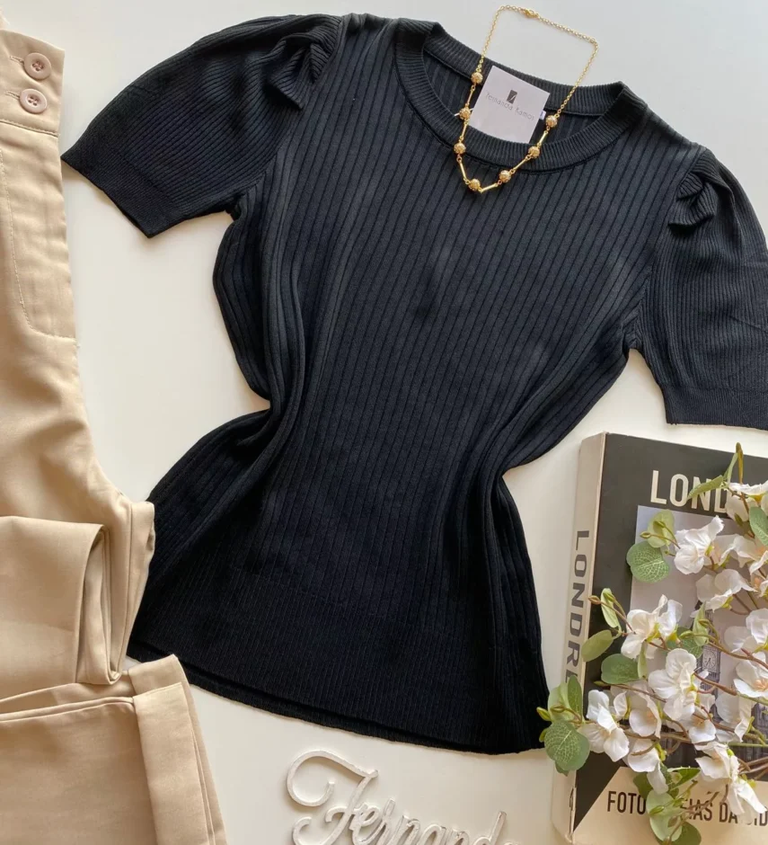 Blusa Manga Curta Feminina Sophia Modal Preta - Fernanda Ramos Store