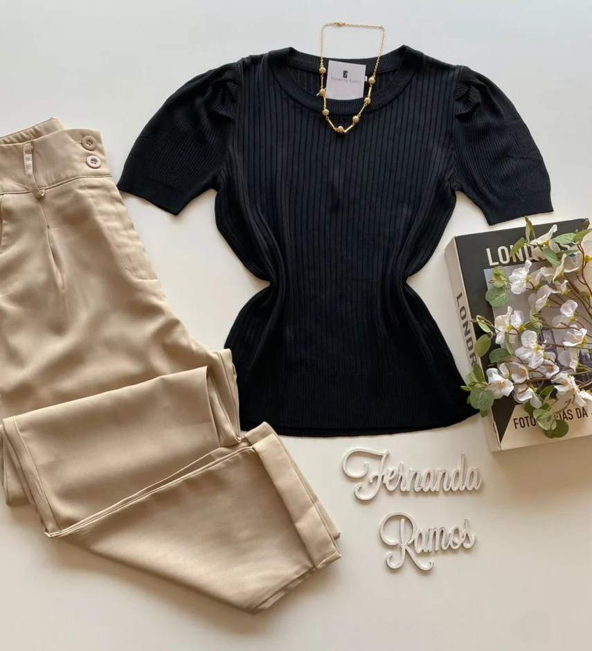 Blusa Manga Curta Feminina Sophia Modal Preta - Fernanda Ramos Store