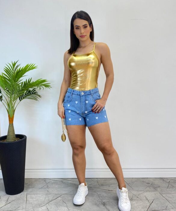 Body Feminino com Bojo Alça Fina Metalizado Dourado - Fernanda Ramos Store