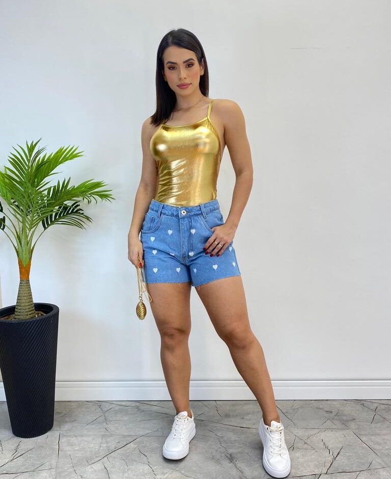Body Feminino com Bojo Alça Fina Metalizado Dourado - Fernanda Ramos Store