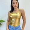 Body Feminino com Bojo Alça Fina Metalizado Dourado - Fernanda Ramos Store