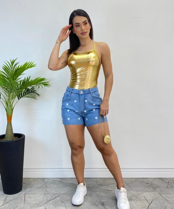 Body Feminino com Bojo Alça Fina Metalizado Dourado - Fernanda Ramos Store