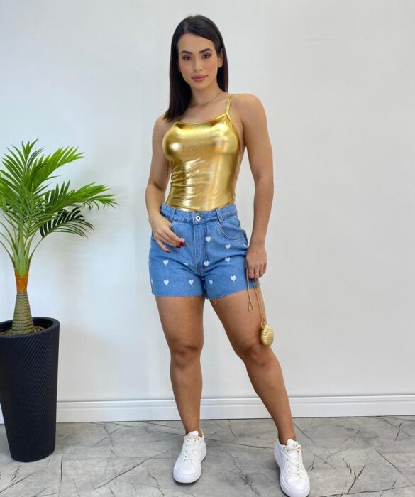 Body Feminino com Bojo Alça Fina Metalizado Dourado - Fernanda Ramos Store