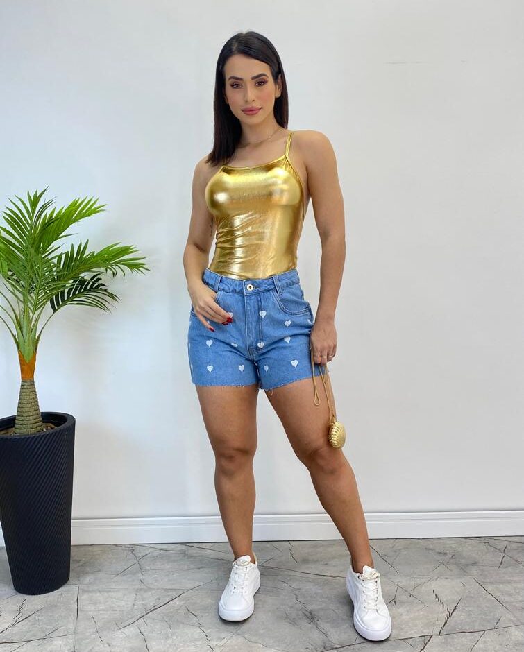 Body Feminino com Bojo Alça Fina Metalizado Dourado - Fernanda Ramos Store