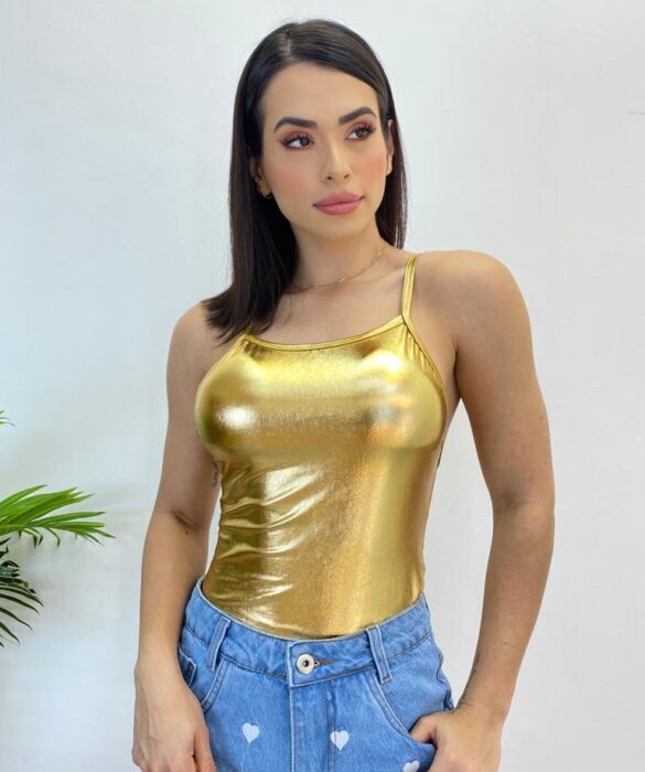 Body Feminino com Bojo Alça Fina Metalizado Dourado - Fernanda Ramos Store