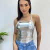 Body Feminino com Bojo Alça Fina Metalizado Prata - Fernanda Ramos Store