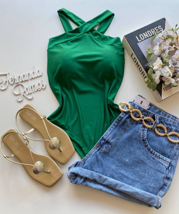 Body Feminino com Bojo Detalhe Transpassado Verde - Fernanda Ramos Store