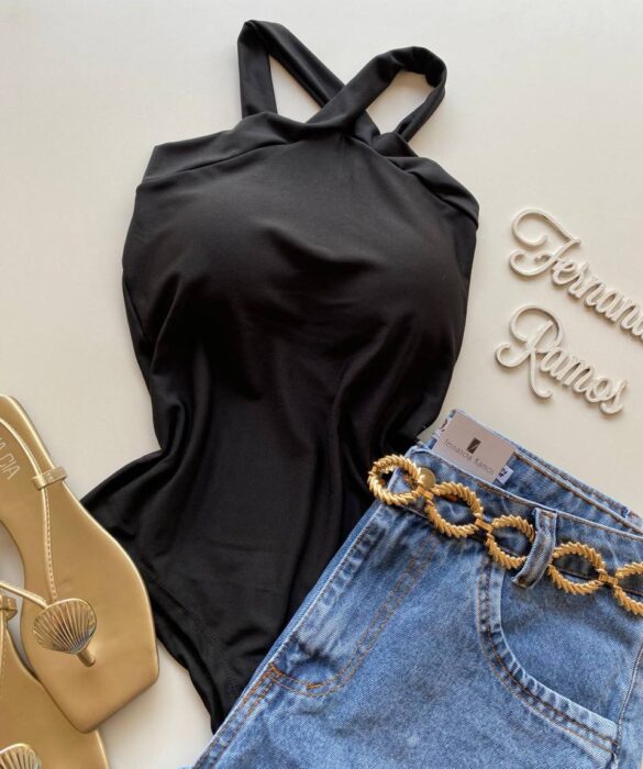 Body Feminino com Bojo Detalhe Transpassado Preto - Fernanda Ramos Store