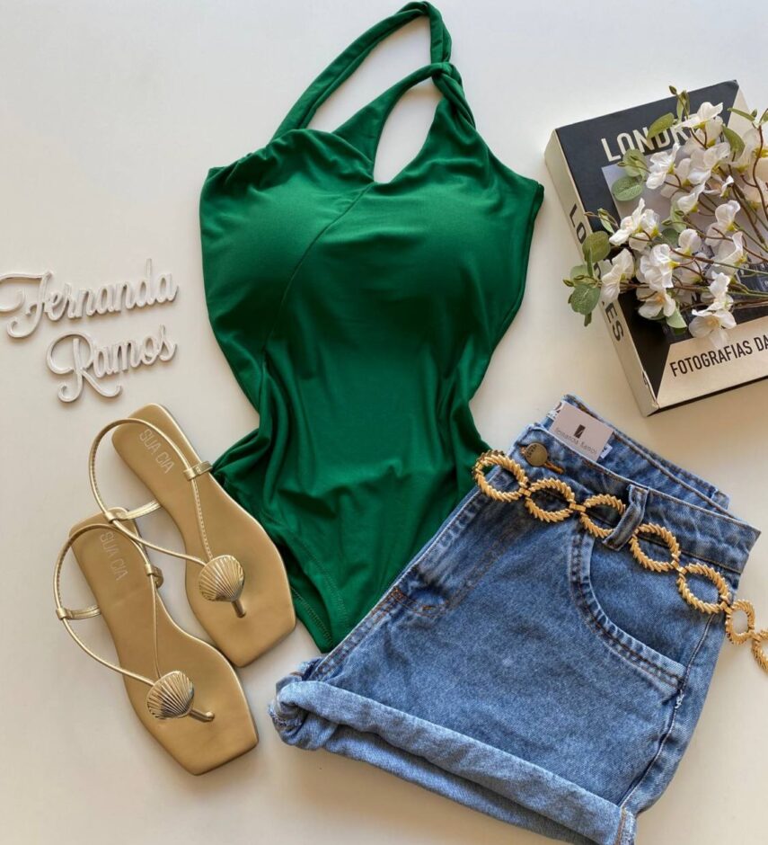 Body Feminino com Bojo Nula Manga Verde - Fernanda Ramos Store