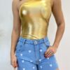 Body Feminino com Bojo Nula Manga Metalizado Dourado - Fernanda Ramos Store