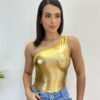 Body Feminino com Bojo Nula Manga Metalizado Dourado - Fernanda Ramos Store