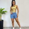 Body Feminino com Bojo Nula Manga Metalizado Dourado - Fernanda Ramos Store