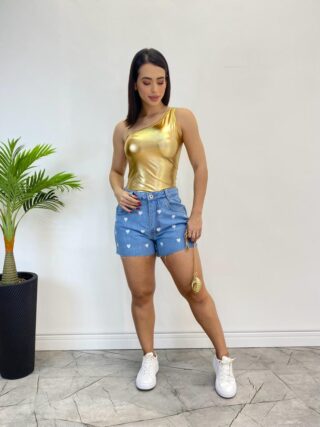 Body Feminino com Bojo Nula Manga Metalizado Dourado - Fernanda Ramos Store