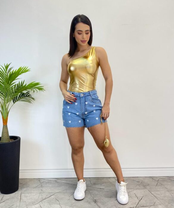 Body Feminino com Bojo Nula Manga Metalizado Dourado - Fernanda Ramos Store