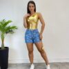 Body Feminino com Bojo Nula Manga Metalizado Dourado - Fernanda Ramos Store