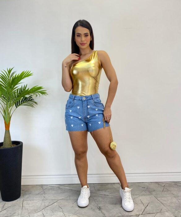 Body Feminino com Bojo Nula Manga Metalizado Dourado - Fernanda Ramos Store