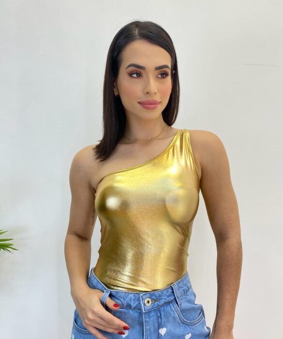 Body Feminino com Bojo Nula Manga Metalizado Dourado - Fernanda Ramos Store