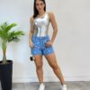 Body Feminino com Bojo Nula Manga Metalizado Prata - Fernanda Ramos Store