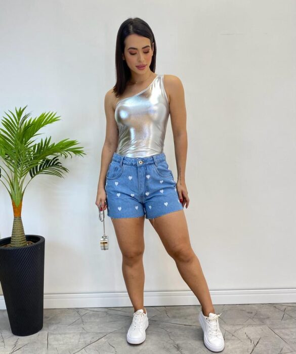 Body Feminino com Bojo Nula Manga Metalizado Prata - Fernanda Ramos Store