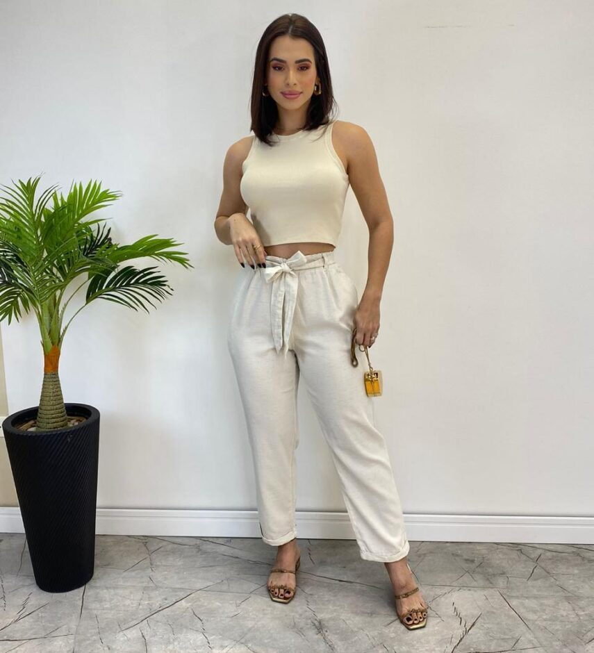 Calça Feminina Clochard Pantacourt Sarja Cru com Amarração - Fernanda Ramos Store