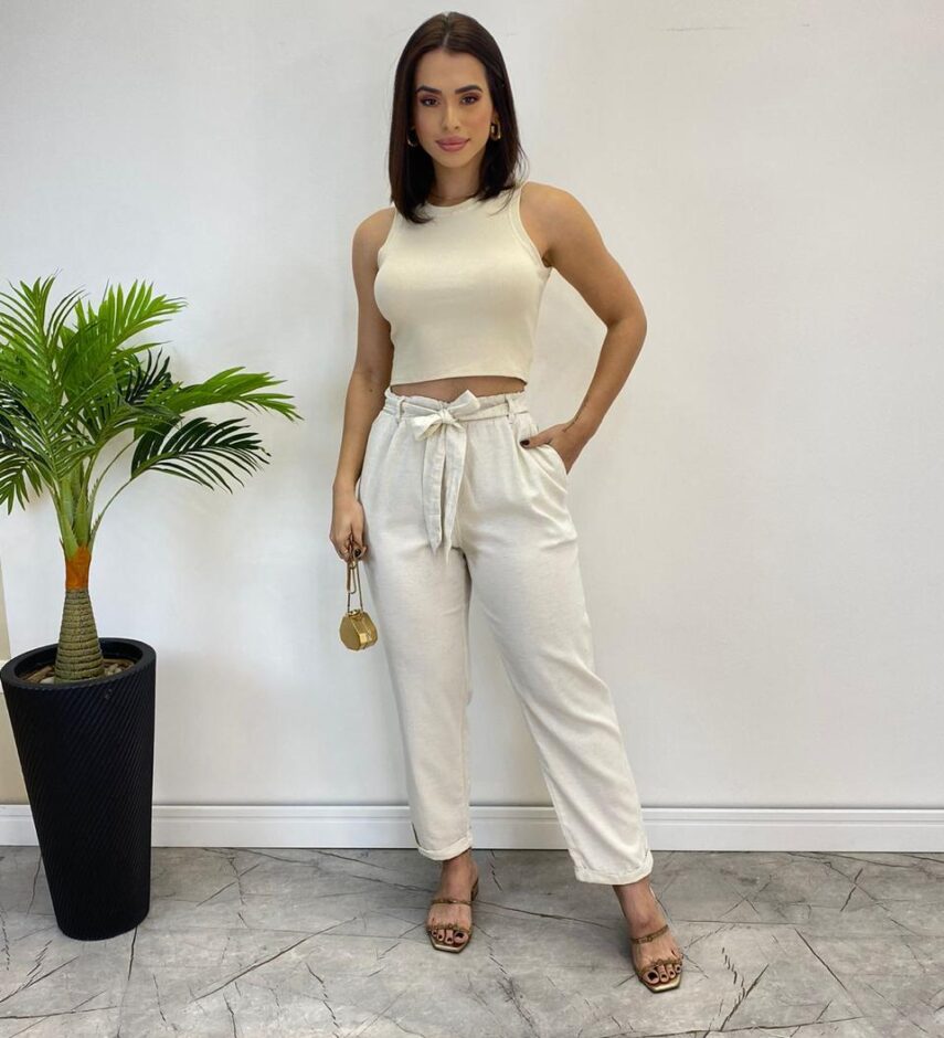 Calça Feminina Clochard Pantacourt Sarja Cru com Amarração - Fernanda Ramos Store
