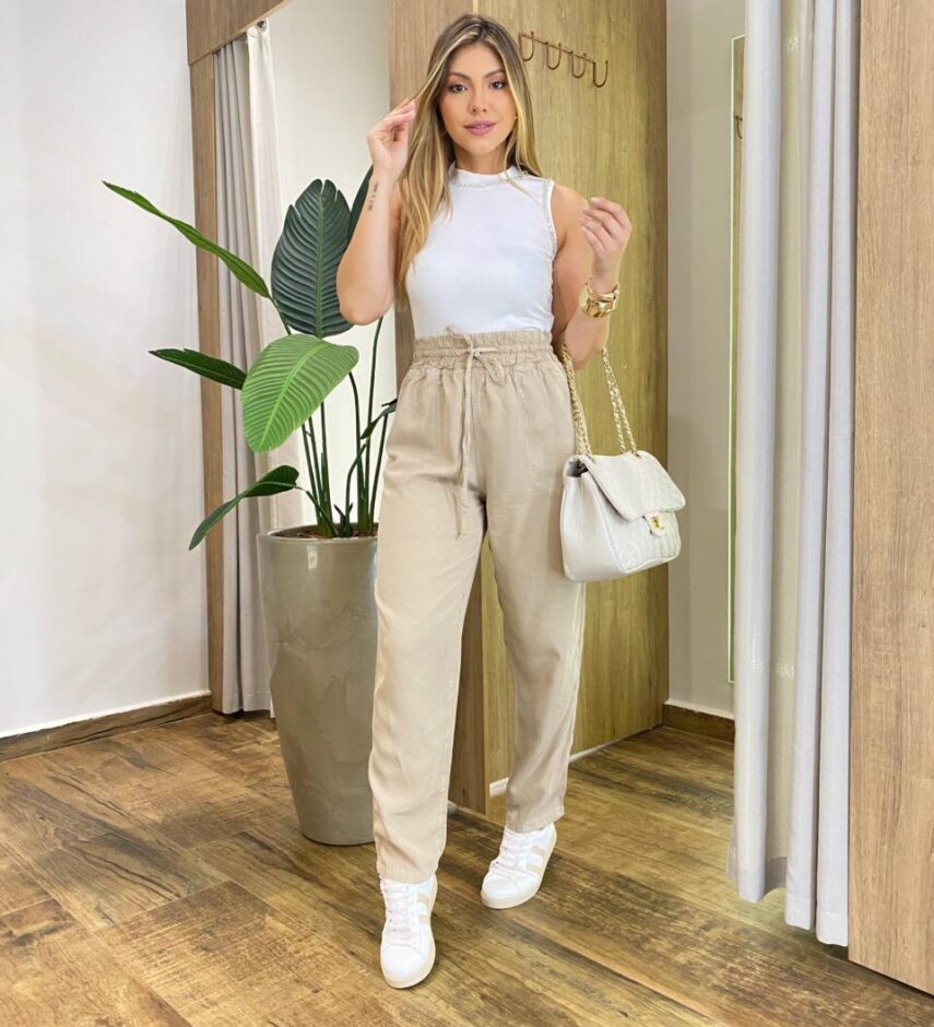 Calça Feminina Jogger com Elástico Liocel Bege 015654 - Fernanda Ramos Store