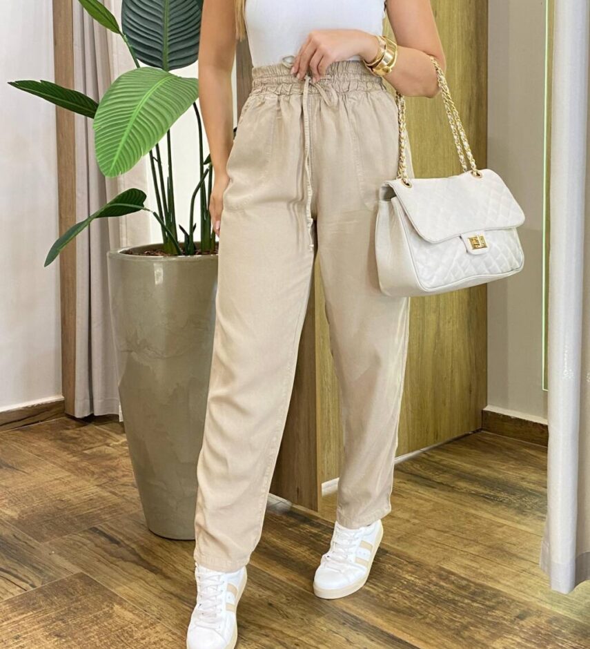 Calça Feminina Jogger com Elástico Liocel Bege 015654 - Fernanda Ramos Store