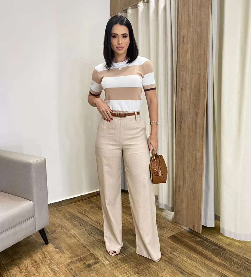 Calça Feminina Pantalona Bia Viscolinho Bege - Fernanda Ramos Store