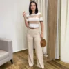 Calça Feminina Pantalona Bia Viscolinho Bege - Fernanda Ramos Store