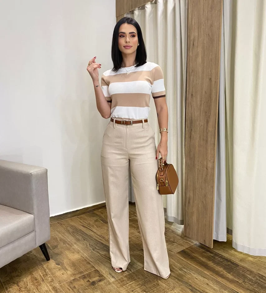 Calça Feminina Pantalona Bia Viscolinho Bege - Fernanda Ramos Store