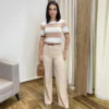 Calça Feminina Pantalona Bia Viscolinho Bege - Fernanda Ramos Store