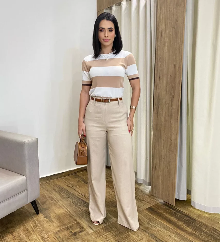 Calça Feminina Pantalona Bia Viscolinho Bege - Fernanda Ramos Store