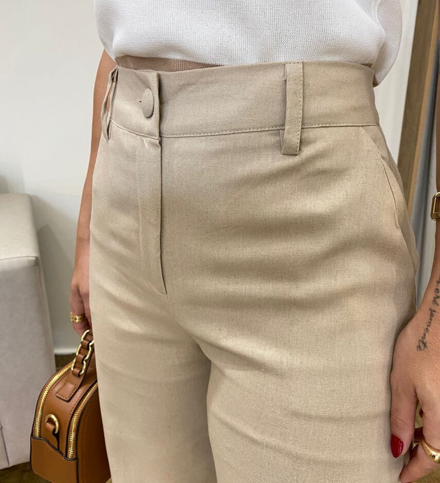 Calça Feminina Pantalona Bia Viscolinho Bege - Fernanda Ramos Store