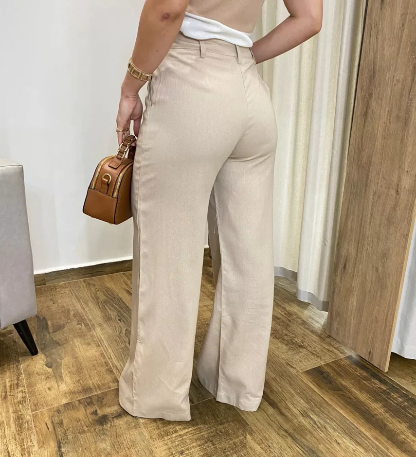 Calça Feminina Pantalona Bia Viscolinho Bege - Fernanda Ramos Store