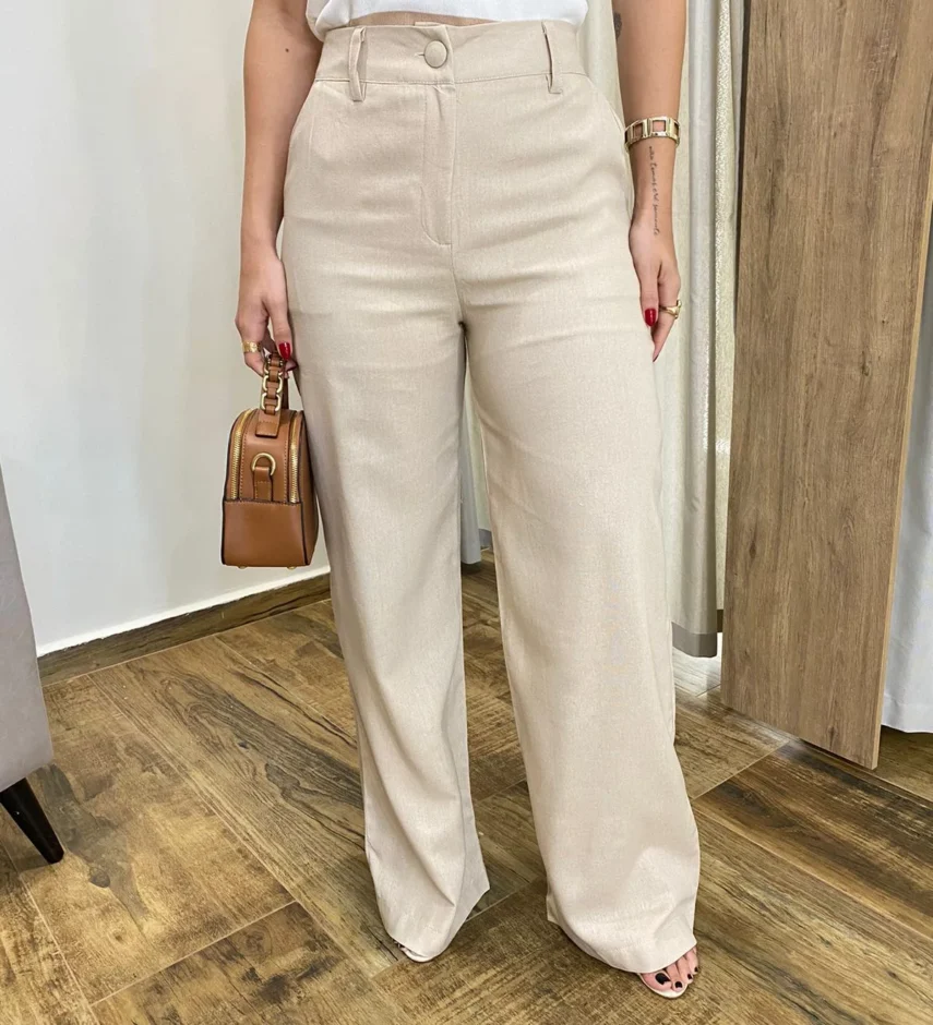 Calça Feminina Pantalona Bia Viscolinho Bege - Fernanda Ramos Store